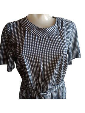 60s Medium Vintage Gingham Country Church Dress Blue Belted Waist Koret